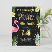2e zwarte glitter flamingo ananas uitnodigingen (Staand voorkant)