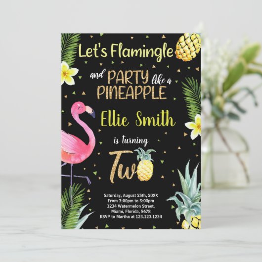 2e zwarte glitter flamingo ananas uitnodigingen (Staand voorkant)