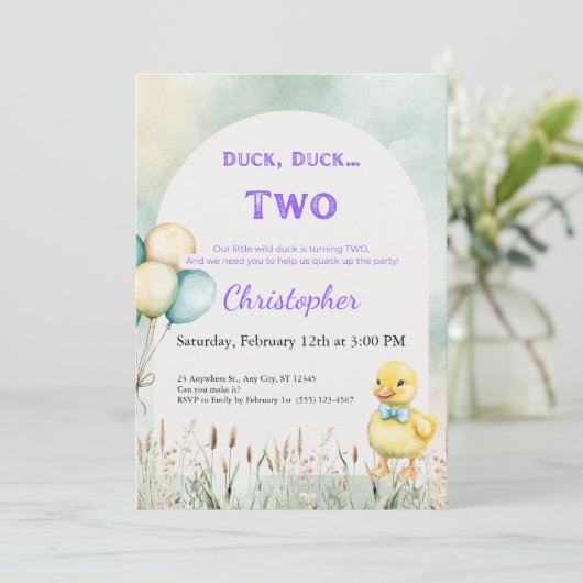 2nd Birthday Invitation Duck Duck Two Theme Kaart (Staand voorkant)
