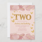 2nd Birthday Invitation Pink Gold Glitter Girl Kaart (Voorkant)