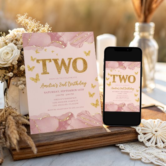2nd Birthday Invitation Pink Gold Glitter Girl Kaart