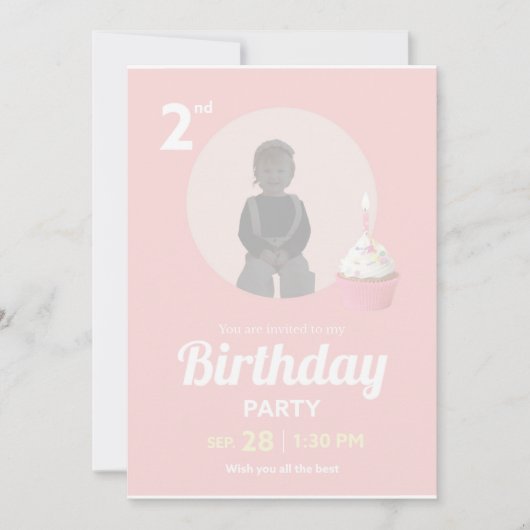 2nd Birthday Party Invitation Pink Cupcake Photo Kaart (Voorkant)