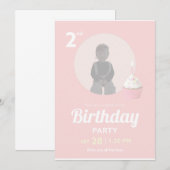 2nd Birthday Party Invitation Pink Cupcake Photo Kaart (Voorkant / Achterkant)