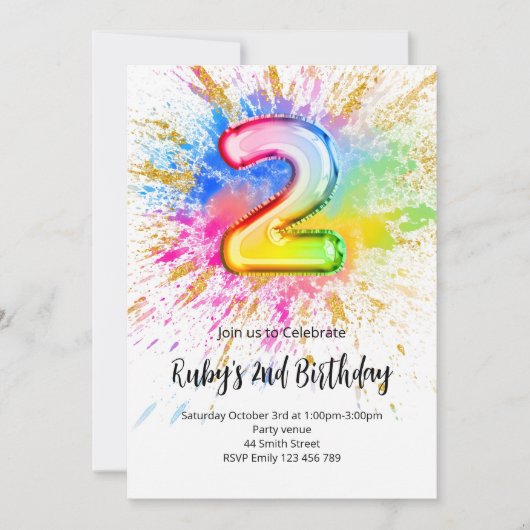 2nd Birthday Rainbow Paint Splash Invitation Kaart (Voorkant)