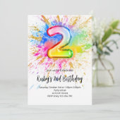 2nd Birthday Rainbow Paint Splash Invitation Kaart (Staand voorkant)