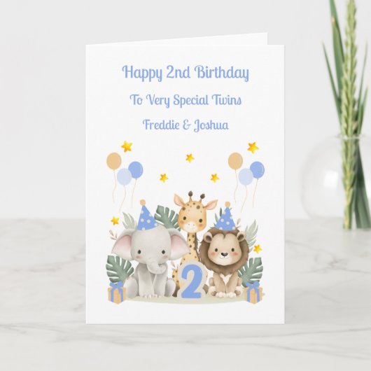 2nd Birthday Safari Animals Twin Boys Card Kaart (Voorkant)