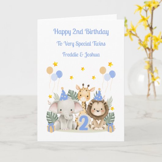2nd Birthday Safari Animals Twin Boys Card Kaart (Gele Bloem)