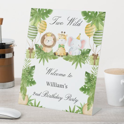 2nd Birthday Two Wild Safari Animals Tabletop Sign Reclamebord Met Voetstuk (Insitu)