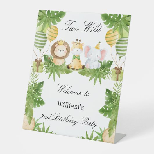 2nd Birthday Two Wild Safari Animals Tabletop Sign Reclamebord Met Voetstuk (Voorkant)
