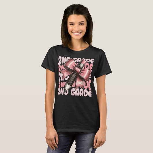 2nd Grade Teacher Pencil Coquette Bow T-shirt (Voorkant volledig)