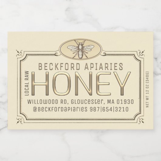 2x3" Metallic Gold 3D Framed Honey Label met Bee Voedselcontainer Etiket (Enkel label)