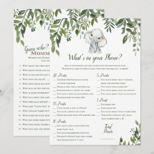 2x Games Elephant Baby shower 5x7 inch formaat Kaart (Voorkant / Achterkant)