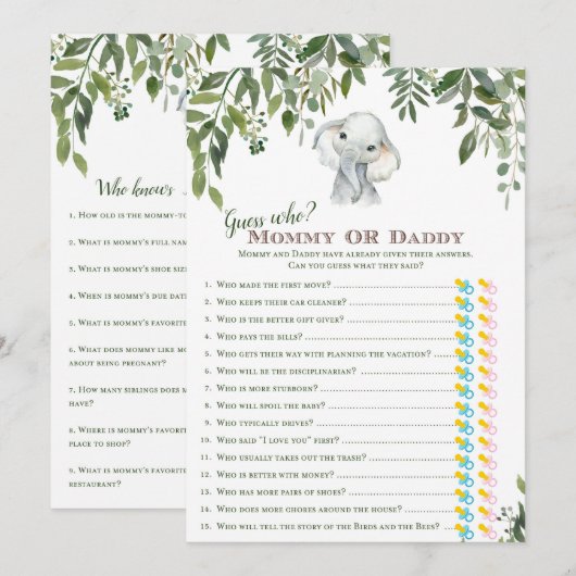 2x Games Elephant Baby shower 5x7 inch formaat Kaart (Voorkant / Achterkant)