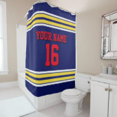 2X rode strepes tekst Douchegordijn (In situ)