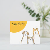 3匹の犬 年賀状(横) 黄 色 丸 FEESTDAGENKAART (Staand voorkant)