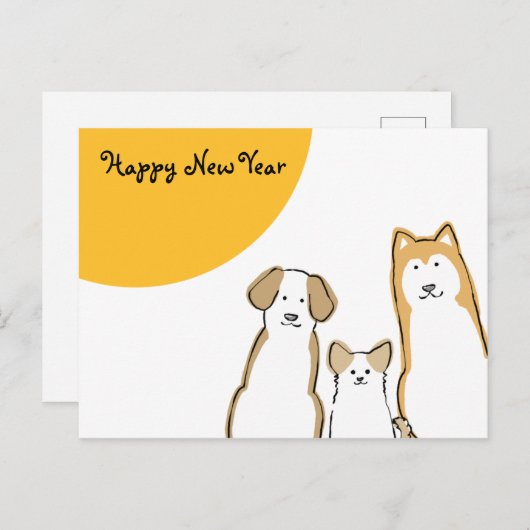 3匹の犬 年賀状(横) 黄 色 丸 FEESTDAGENKAART (Voorkant / Achterkant)