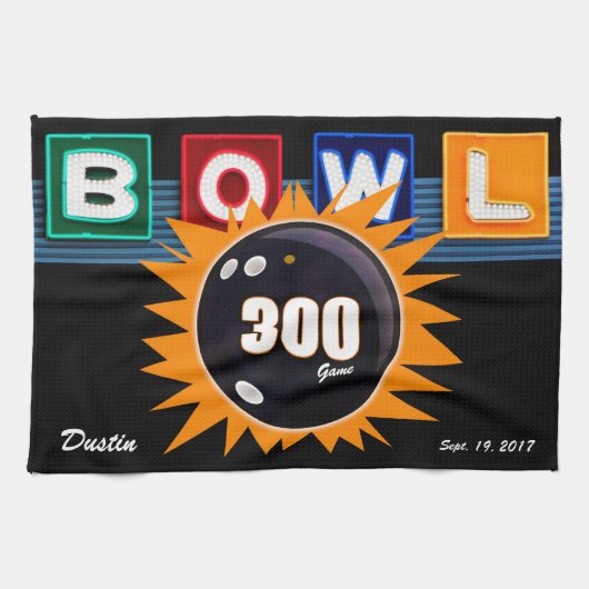 300 Game Oranje & Black met Neon BOWL-teken Theedoek (Horizontaal)