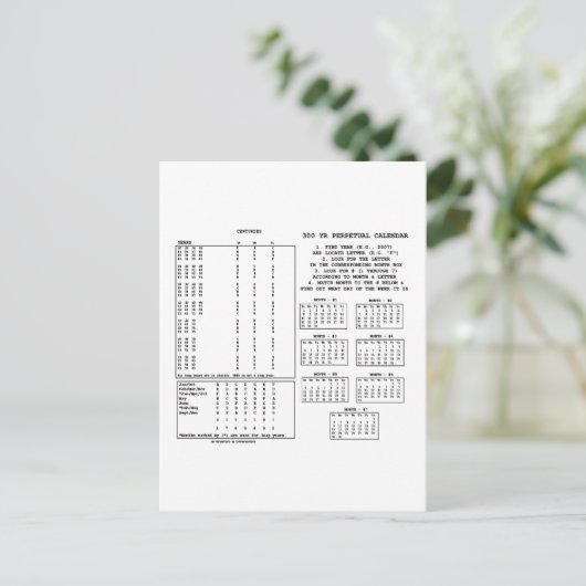 300 jaar permanente kalender (dag van de week) briefkaart (Staand voorkant)