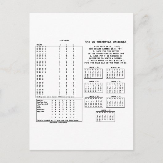 300 jaar permanente kalender (dag van de week) briefkaart (Voorkant)
