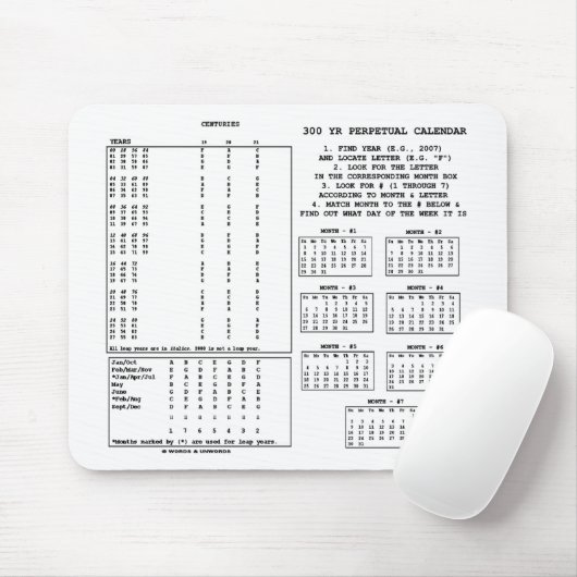 300 jaar permanente kalender (dag van de week) muismat (Met muis)