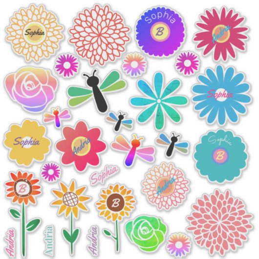 30 Bloemen, Libellen, DIY Namen & Initialen Sticker (Voorkant)