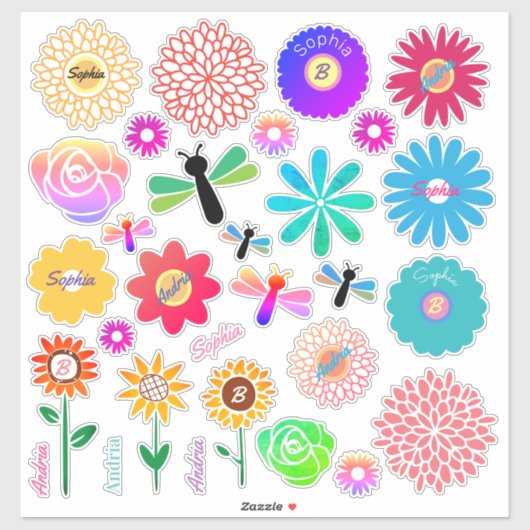 30 Bloemen, Libellen, DIY Namen & Initialen Sticker (Vel)