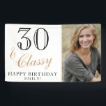 30 & Classy Elegant White 30th Birthday Photo Spandoek<br><div class="desc">30 and Classy Elegant Black and White 30th Birthday Photo Banner. Great sign for the 30th birthday party with a custom foto, your name, inspirational quote 30 and classiy and text in the trendy script. The background is white and the text is in black and golden coconto. Personalize the sign...</div>