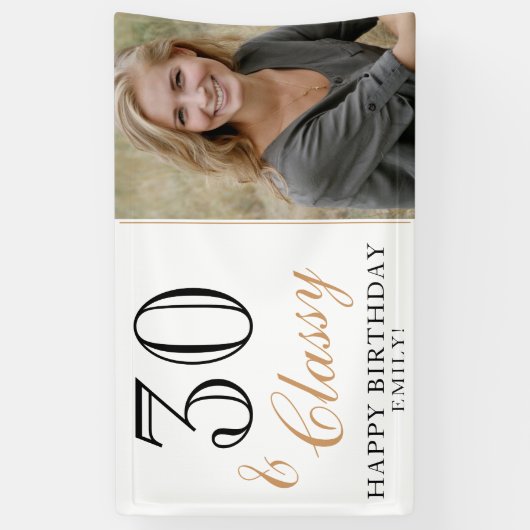 30 & Classy Elegant White 30th Birthday Photo Spandoek (Verticaal)