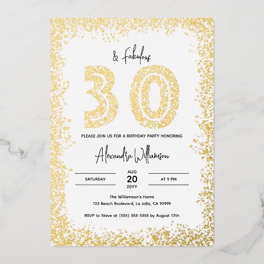 30 en Fabulous 30th Birthday Party Real Gold Folie Uitnodiging (Voorkant)