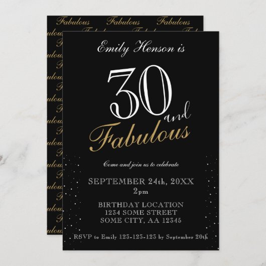 30 en Fabulous Black Elegant Script Birthday Kaart (Voorkant / Achterkant)