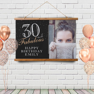 30 en Fabulous Elegant Black 30th Birthday Foto Hangend Wandkleed