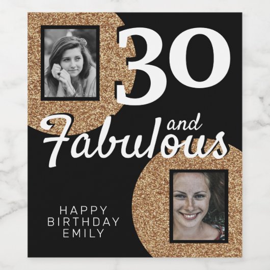 30 en Fabulous Gold Glitter 2 Foto 30e verjaardag Wijn Etiket (Enkel label)