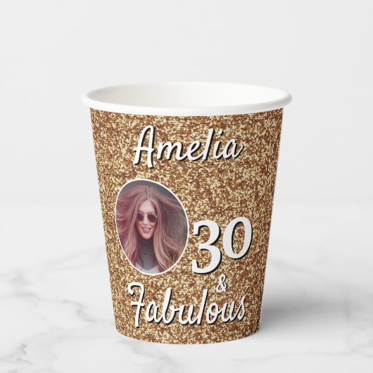 30 en Fabulous Gold Glitter 30th Birthday Foto Papieren Bekers (Achterkant)