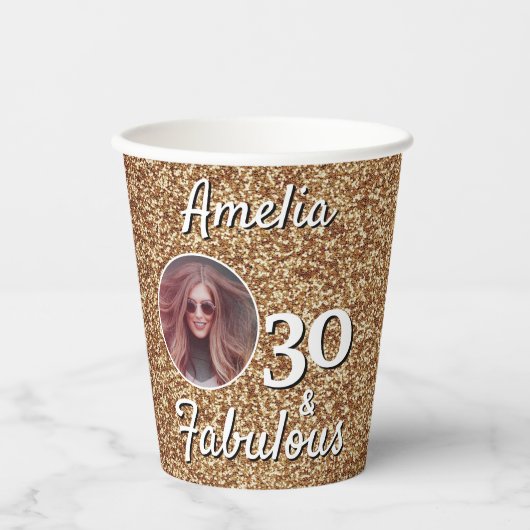 30 en Fabulous Gold Glitter 30th Birthday Foto Papieren Bekers (Voorkant)