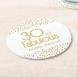 30 en Fabulous Gold Glitter 30th Birthday Ronde Kartonnen Onderzetter<br><div class="desc">30 en Fabulous Gold Glitter 30th Birthday Onderzetter. Modern en elegant verjaardagsfeestje met trendy typografie en faux gouden glitter onderzetters. Het ontwerp heeft een aangepaste naam. Maak gepersonaliseerde 30e verjaardag onderzetter voor haar.</div>