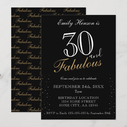 30 en Fabulous Zwarte Elegante Script Verjaardag Kaart (Voorkant / Achterkant)