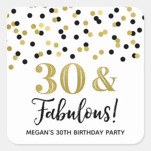 30 & Fabulous Birthday Black Gold Confetti Vierkante Sticker (Voorkant)