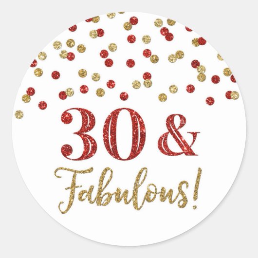 30 & Fabulous Birthday Red Gold Confetti Ronde Sticker (Voorkant)