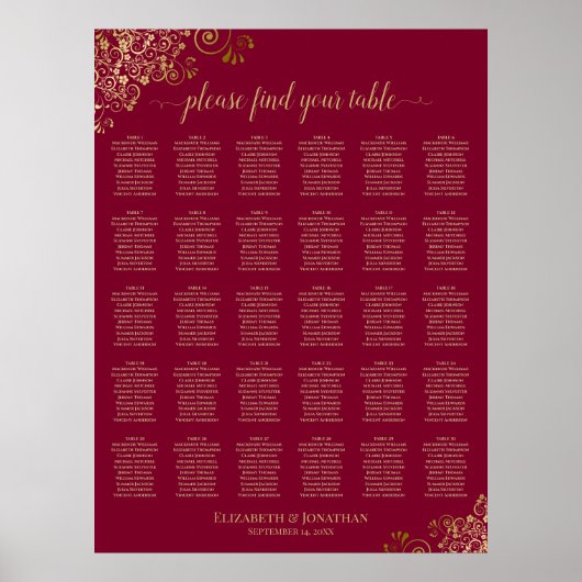 30 gouden krullen op bordeauxrode stoelenkaart voo poster (Voorkant)