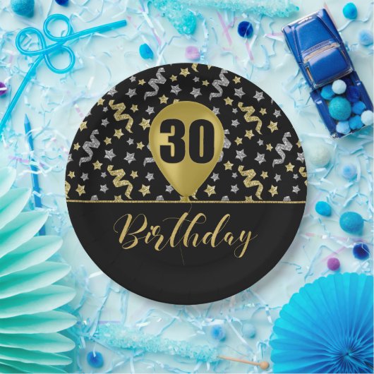 30 Gouden Verjaardagsballon op Zwarte Gouden Confe Papieren Bordje (Feest)