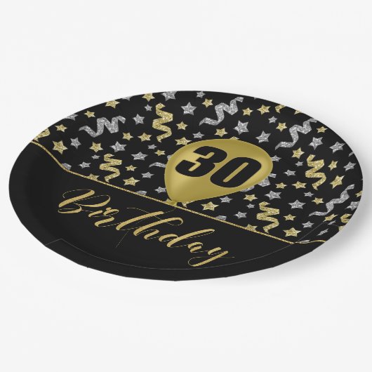 30 Gouden Verjaardagsballon op Zwarte Gouden Confe Papieren Bordje (Gekanteld)