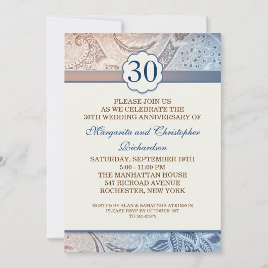 30 huwelijksverjaardag blauwe elegante uitnodiging (Achterkant)