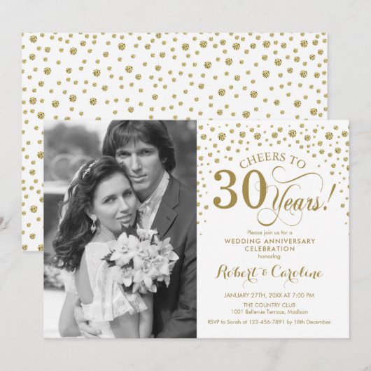 30-jarig huwelijksjubileum met foto - Goud Wit Kaart (Voorkant / Achterkant)