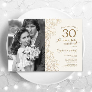 30-jarig jubileum met foto - ivoorgouden bloem kaart