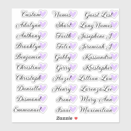 30 namen aangepaste gastlijst kalligrafie lila har sticker (Vel)