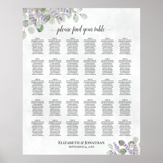 30 Tabel Lavender Eucalyptus Wedding Seating Chart Poster (Voorkant)