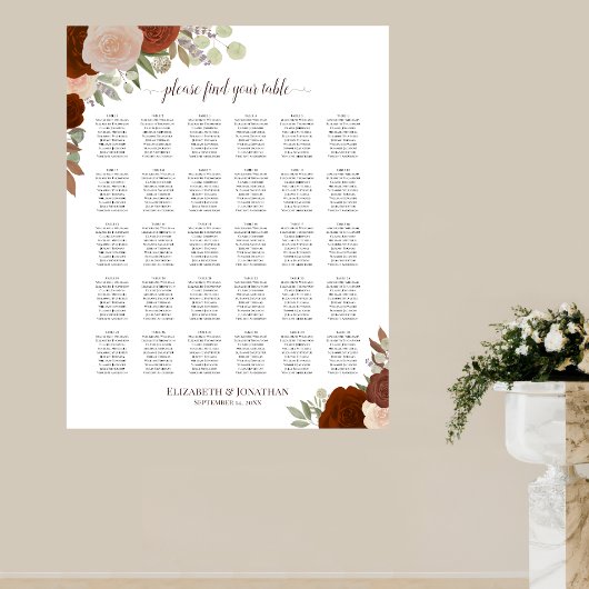 30 Tafel Rustic Herfst Rozen Wedding Seating Chart Poster