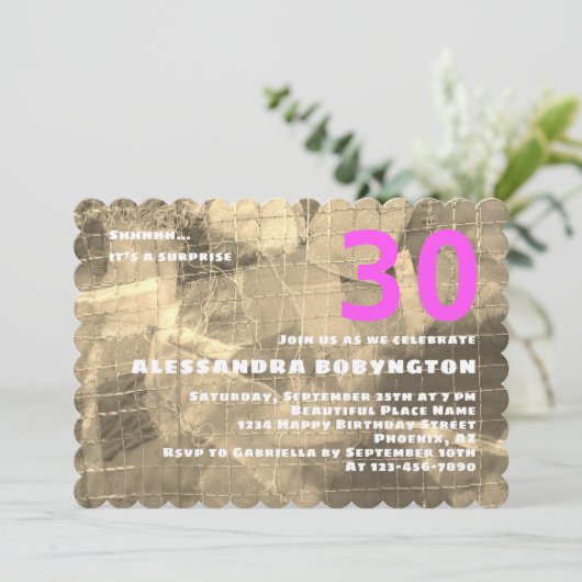 30 verjaardagsfeest gouden patroon wit roze kaart (Staand voorkant)