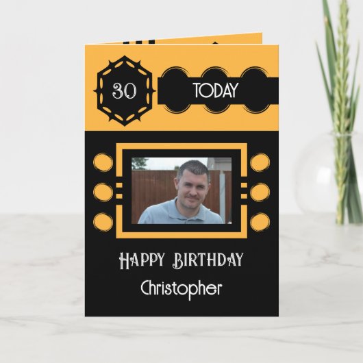 30 voeg vandaag foto toe zwarte oranje verjaardag kaart (Voorkant)