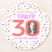 30e aangepaste foto kleurrijke koraal confetti ver ronde kartonnen onderzetter (Voorkant)